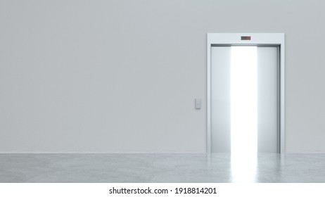 Modern elevator with semi-open metal doors. Light shines from door opening. Decision making concepts, different possibilities. Choice, business and success concept. 3d render