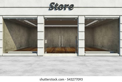 Modern Elite Empty Store Front with Big Windows in the Street at Day Light. 3D Rendering