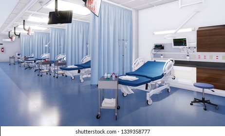 Modern Emergency Room Interior With Row Of Empty Hospital Beds And Various First Aid Medical Equipment. With No People 3D Illustration On Medicine And Health Care Theme From My Own 3D Rendering File.
