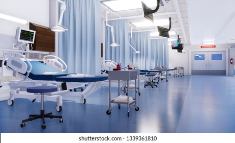 Modern Emergency Room Interior With Row Of Empty Hospital Beds And Various First Aid Medical Equipment. With No People 3D Illustration On Health Care Theme From My Own 3D Rendering File.