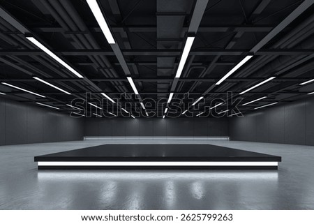 Modern empty black room with illuminated stage, industrial ceiling, clean reflective floor, blank display space for branding concept. 3D Rendering