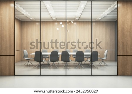 A modern and empty boardroom with a long table, chairs, and wood-paneled walls, viewed through glass partitions, concept of corporate meeting space. 3D Rendering