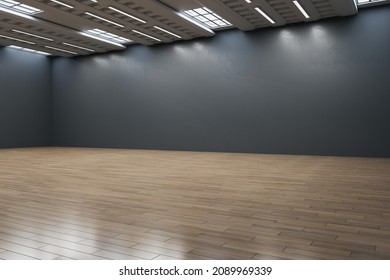 Modern Empty Dark Black Wall Gallery Interior With Mock Up Place And Reflections On Wooden Parquet Flooring. Art, No People, Museum And Exhibition Concept. 3D Rendering