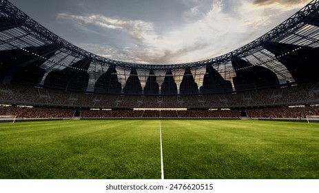 Modern empty football stadium at dusk, under cloudy sky. Field ready for action. 3d rendering illustration. Concept of professional sport, competition, championship, match, energy - Powered by Shutterstock