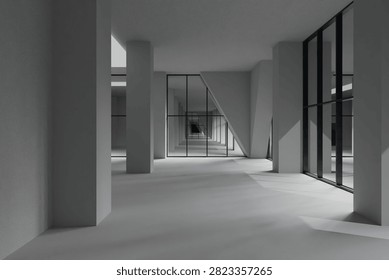 Modern Empty Hallway with Geometric Windows and Sunlight