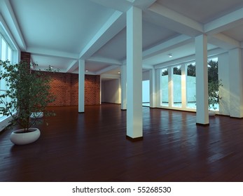 Modern empty interior with white walls and columns
