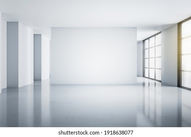 Modern Empty Light Hall Room With Blank White Wall, Glossy Floor And Windows To The Floor With City View. Mockup. 3D Rendering.