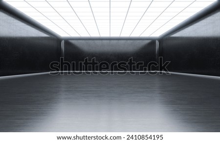 Modern empty open space with lights on top. Showroom hall and black wall.  3D rendering