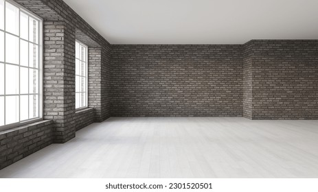 Modern empty room with big windows, brick walls and white wooden floor. Interior mockup with space for furniture or paintings on the wall, 3d render