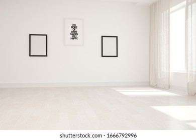 modern empty room with frames and curtains interior design. 3D illustration