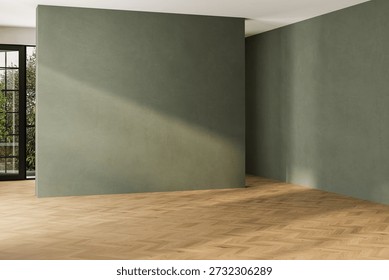 Modern empty room interior with sage green walls, herringbone wood floor and large windows, 3D rendering