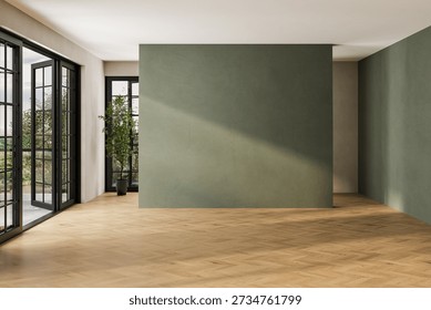 Modern empty room interior with sage green walls, herringbone wood floor and large windows, 3D rendering