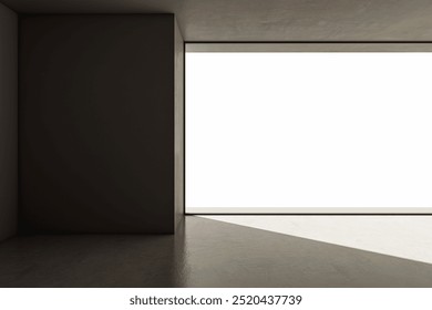 Modern empty room with a large window casting a shadow on the floor. Quiescent and ambient atmosphere with a minimalist design. 3D Rendering.