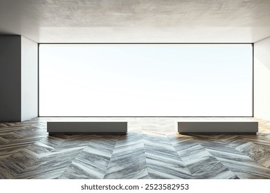 Modern empty room with a large window providing a view, wooden floor, and minimalistic design. This serene interior is quiescent. 3D Rendering