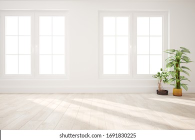 Modern Empty Room With Plants Interior Design. 3D Illustration