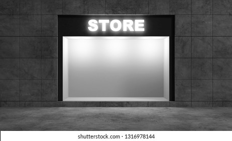 Modern Empty Store Front With Big Window At Night. 3D Rendering