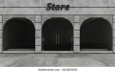 Modern Empty Store Front With Big Arch Windows With Lights Off Inside. 3d Rendering