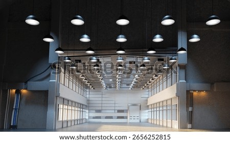 Modern empty warehouse interior with high ceilings, industrial lighting, and wide shutter door for logistics and storage. Activity: Warehouse, Logistics, Industrial Facility. 3d image
