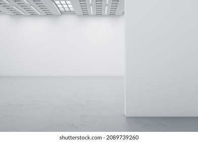 Modern Empty White Concrete Gallery Interior With Mock Up Banner On Wall. Art, No People, Museum And Exhibition Concept. 3D Rendering