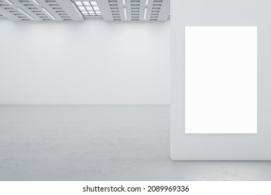 Modern Empty White Concrete Gallery Interior With Mock Up Poster On Wall. Art, No People, Museum And Exhibition Concept. 3D Rendering