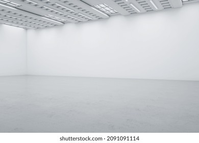 Modern Empty White Concrete Gallery Interior With Mock Up Place On Wall. Art, No People, Museum And Exhibition Concept. 3D Rendering