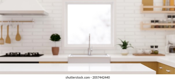 Modern Empty White Table Top Or Kitchen Island For Montage Product Display On Blurry Scandinavian Kitchen Room Interior Background. 3d Rendering, 3d Illustration