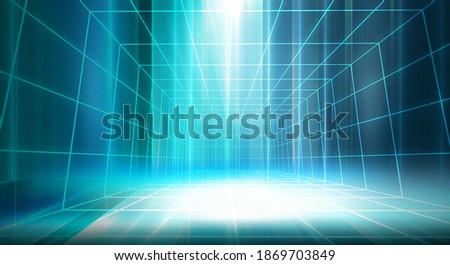 Modern enclosed digital studio background, futuristic empty space with light effects on ground. 3d illustration 