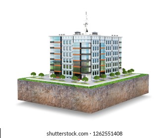 Modern European residential complex on a plot of land. Isolated on white background 3d illustration