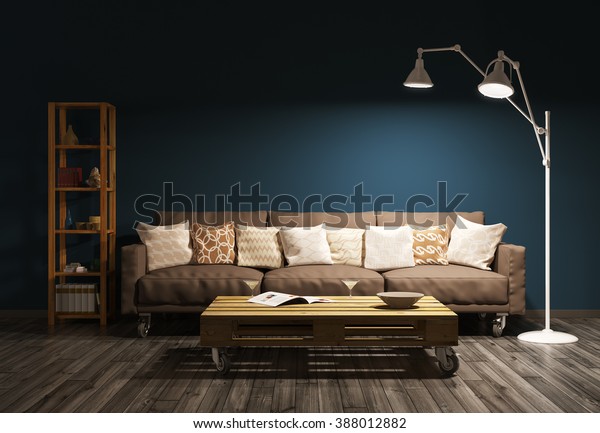 茶色の壁3dの背景にリビングルームとソファ フロアランプをレンダリングした 現代的な夜のインテリア のイラスト素材