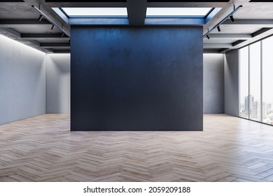 Modern Exhibition Hall Interior With Mock Up Place On Dark Wall And Wooden Flooring. 3D Rendering