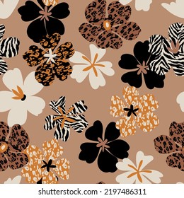 
ラクダの茶色の背景に現代のエキゾチックな花柄のワイルドパターン、花のパターンのイラスト素材
