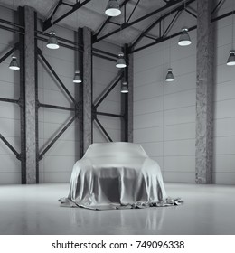 Modern Factory Loft Hangar With Photo Studio And Covered With Cloth Car. 3d Rendering