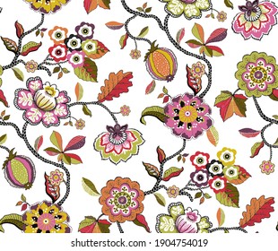 Modern fantasy Jacobean flowers on white background. autumn multicoloured floral pattern. can be used for textile, curtain, wallpaper.