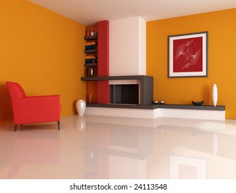 Modern Fireplace Ina Orange Living Room With Picture In The Wall - Digital Artwork. The Picture Art On Wall Is A My Photo.