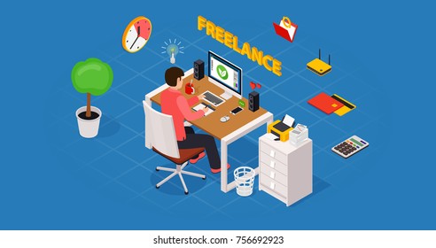 Modern flat 3d isometric concept of workplace with computer and office equipment.  infographics collection.
