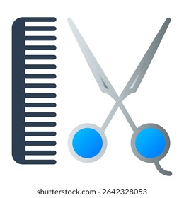 A modern flat design icon featuring a comb and crossed scissors, symbolizing hairdressing, barber services, and grooming. Perfect for salon logos, beauty websites, or hair care advertisements.