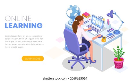 Modern Flat Design Isometric Concept Of Online Learning. Landing Page Template. Student Character Sitting At Desk And Taking Online Courses. 3D Illustration