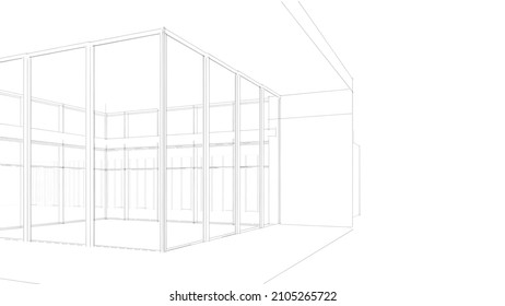 Modern Flat Roof House Or Commercial Building In  Drawing Style. Minimalist Black Linear Sketch Isolated On White Background. 3d Rendering