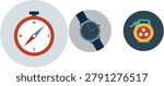 Modern flat vector illustration featuring a compass, wristwatch, and electrical power socket icons on circular backgrounds. Ideal for navigation, time management, electricity, technology, mobile applications, web design, infographics, educational materials, and digital projects. Clean and minimalist icon collection with professional design.