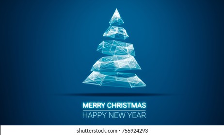 Modern Future Christmas Tree And Merry Christmas And Happy New Year Greetings Message On Blue Background.Elegant Holiday Season Social Digital Card For Technology, Futuristic Business