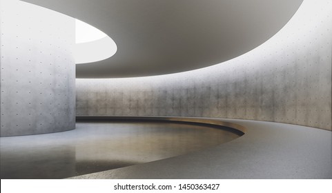 Modern and futuristic empty light interior with concret wall and reflections on the floor. Concept of interior design and architecture. 3d rendering.