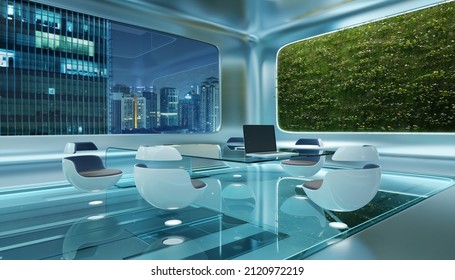 Modern Futuristic Interior Office Design With Green Wall Plant And Beautiful Night Scene Cityscape View. 3d Rendering