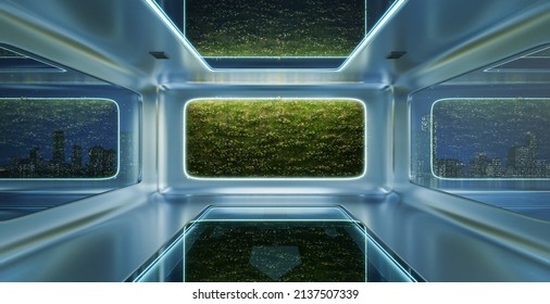 Modern Futuristic Interior Office Design With Green Wall Plant. 3d Rendering