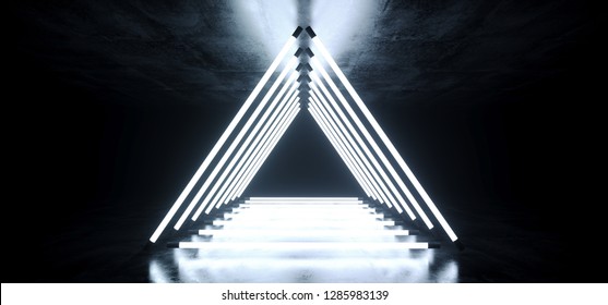 Modern Futuristic Neon Glowing Triangle Shaped White Ice Blue Ultraviolet Disco Tube Light Tubes Retro Style On Grunge Reflective Concrete Empty Dark 3D Rendering Illustration