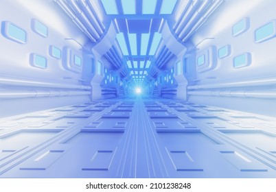 Modern Futuristic Neon Light Glowing Sci Fi Space Station. Realistic Dark Corridor With Universe View. Alien Ship Star Gate. Metal Floor And Light Panel. Dark Background. Spaceship Interior. 3d Render