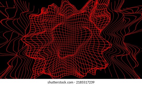 Modern And Futuristic Red Network Background Of 3D Soundwave Visual Equalizer Or Big Data Abstract Visualization On The Black Background. Digital Technology Concept, Computerization, And Big Data.