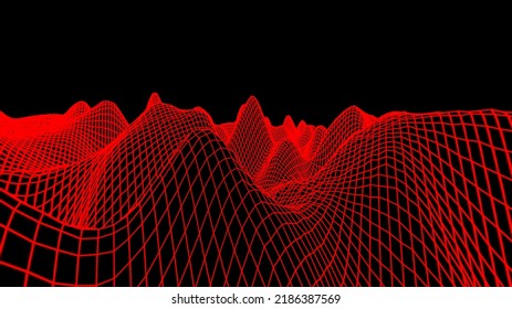 Modern And Futuristic Red Network Background Of 3D Soundwave Visual Equalizer Or Big Data Abstract Visualization On The Black Background. Digital Technology Concept, Computerization And Big Data.