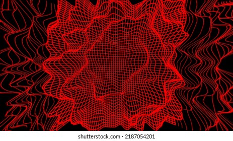 Modern And Futuristic Red Network Background Of 3D Soundwave Visual Equalizer Or Big Data Abstract Visualization On The Black Background. Digital Technology Concept, Computerization, And Big Data.