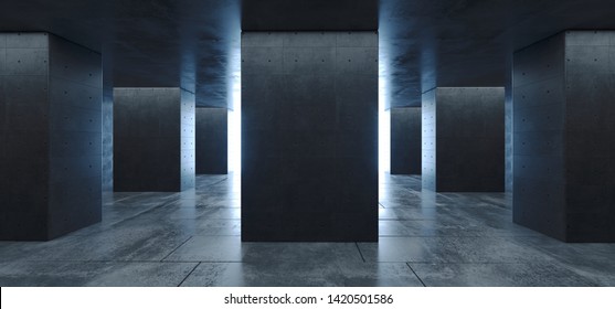 Modern Futuristic Sci Fi Concrete Grunge Reflective Tiled Floor Columns Hallway Garage Underground White Glow Asphalt Room Gallery Elegant 3D Rendering Illustration