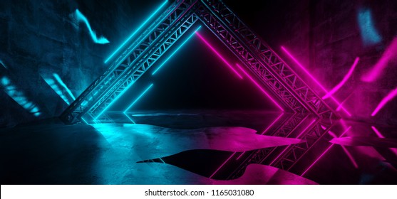 Modern Futuristic Sci-Fi Purple Blue Neon Lights On Abstract Construction Empty Dark Stage With Concrete Reflection Floor With Water On It Rain 3D Rendering Illustration